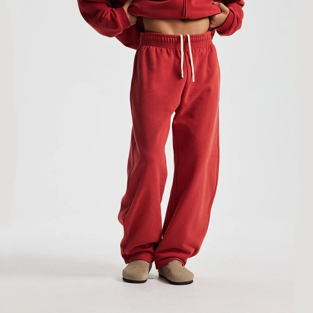 ZODF 2025 Winter 430gsm Unisex Fleece Straight Sweatpants Thick Warm Casual Oversized Trousers HY1170 - Dark Red / XL