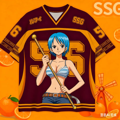 2526 New Bandai Anime One Piece Luffy Summer Jersey T-shirt Oversized 3D Adult and Children's Multifunctional Top Christmas