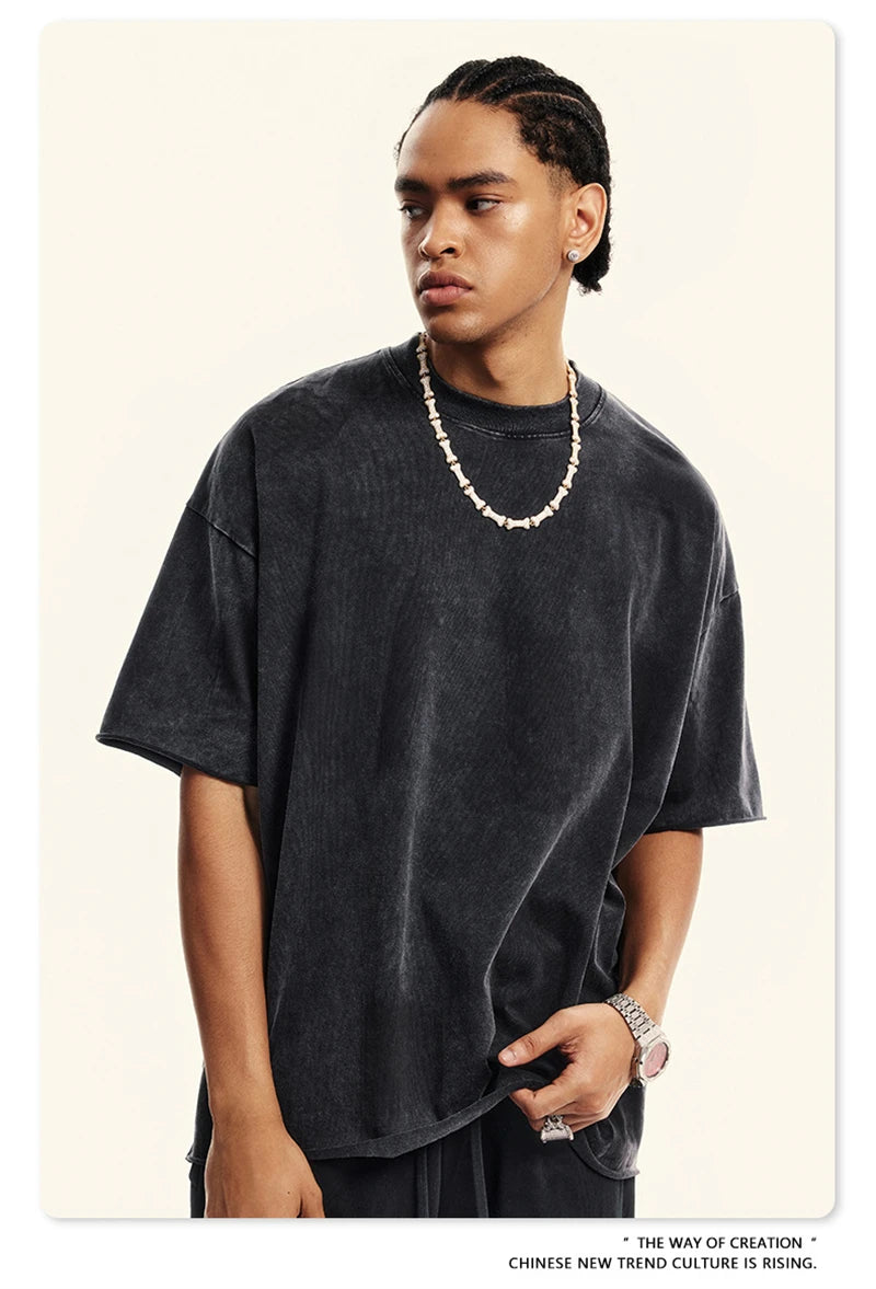 ZODF Retro 2024 Summer Men Washed Cotton T-Shirts  Unisex Women 310gsm Distressed Hem Loose Edge T Shirt Brand Tees HY0808