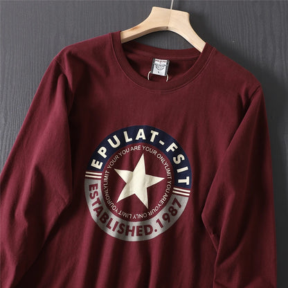 2025 Autumn New American Retro Long-sleeved O-neck Letter Printed T-shirt Men's Fashion 100% Cotton Washed Casual Sport Tops