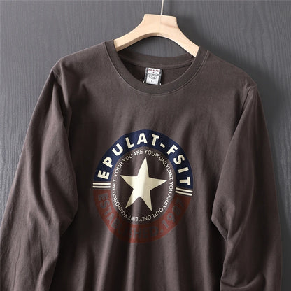 2025 Autumn New American Retro Long-sleeved O-neck Letter Printed T-shirt Men's Fashion 100% Cotton Washed Casual Sport Tops