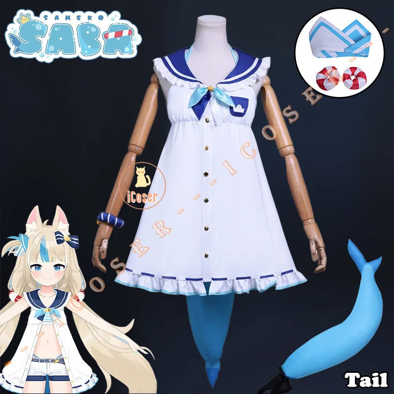 VTuber Sameko Saba Cosplay Costume Wig Dress Outfit Ears Headwear Uniform Festival Halloween Party for Women Girls Carnival Prop