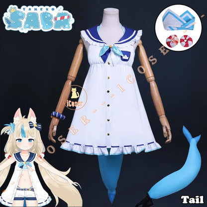 VTuber Sameko Saba Cosplay Costume Wig Dress Outfit Ears Headwear Uniform Festival Halloween Party for Women Girls Carnival Prop