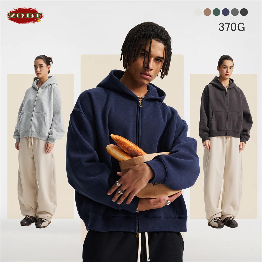ZODF Trendy 2025 Winter Man Solid Fleece Boxy Hoodies Unisex 350gsm Double Head Zipper Hooded Sweatshirts Coat HY1122