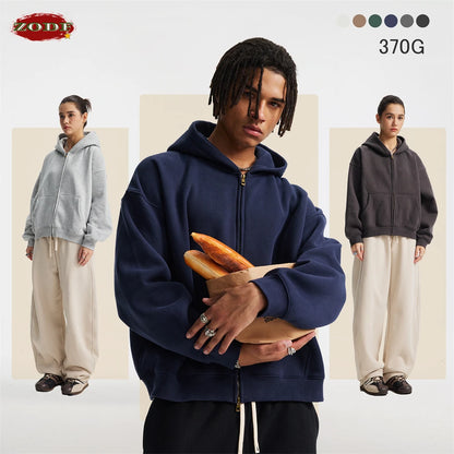 ZODF Trendy 2025 Winter Man Solid Fleece Boxy Hoodies Unisex 350gsm Double Head Zipper Hooded Sweatshirts Coat HY1122
