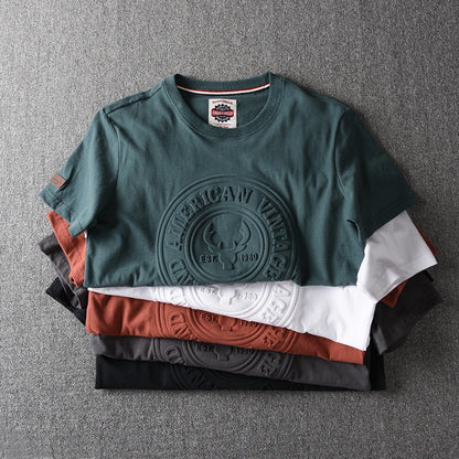 2025 Summer New American Retro Short-sleeved O-neck 3D Letter Printed T-shirt Men's Fashion 100% Cotton Washed Casual Sport Tops