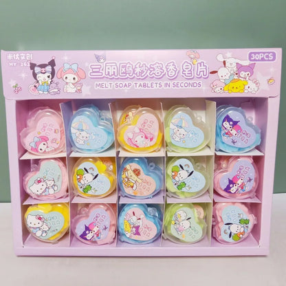 New 30pcs Sanrio Heart-Shaped Boxed Soap Flower Hand Wash Tablets Cartoon Kuromi Melody Colorful Petals Portable Disposable Gift