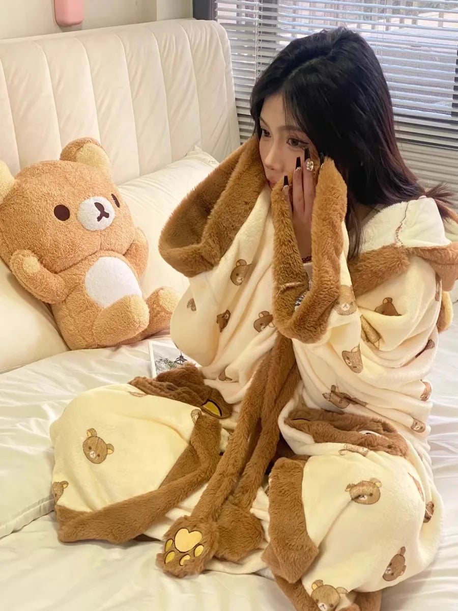 Rilakkuma Women'S Fleece-Lined Thickened Robe Coral Fleece Flannel Hooded Home Clothes Warm Nightgowns Casual Wear For Going Out