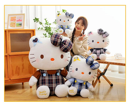 Sanrio Hello Kitty Plush Toy Retro Plaid Skirt Kitty Doll Stuffed Animal Creative Gift for Kids Birthday Christmas Girls Pillow