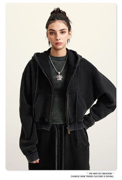 ZODF Retro 2025 Winter Women Short Zipper Hoodies Female Girls Loose 355gsm Thick Fleece Hooded Zip-up Coat Streetwears HY0448