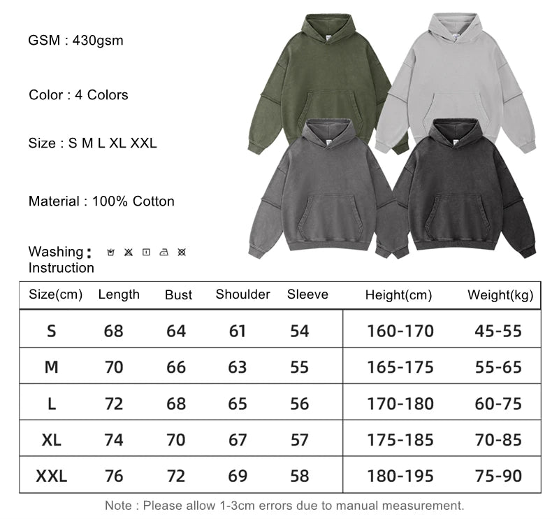 ZODF New Autumn Men's Washed Heavy Weight Cotton Hoodies Unisex Retro Fake 2 Peice 430gsm Loose Edge Hooded Pullovers HY1082