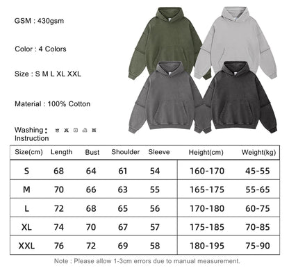 ZODF New Autumn Men's Washed Heavy Weight Cotton Hoodies Unisex Retro Fake 2 Peice 430gsm Loose Edge Hooded Pullovers HY1082
