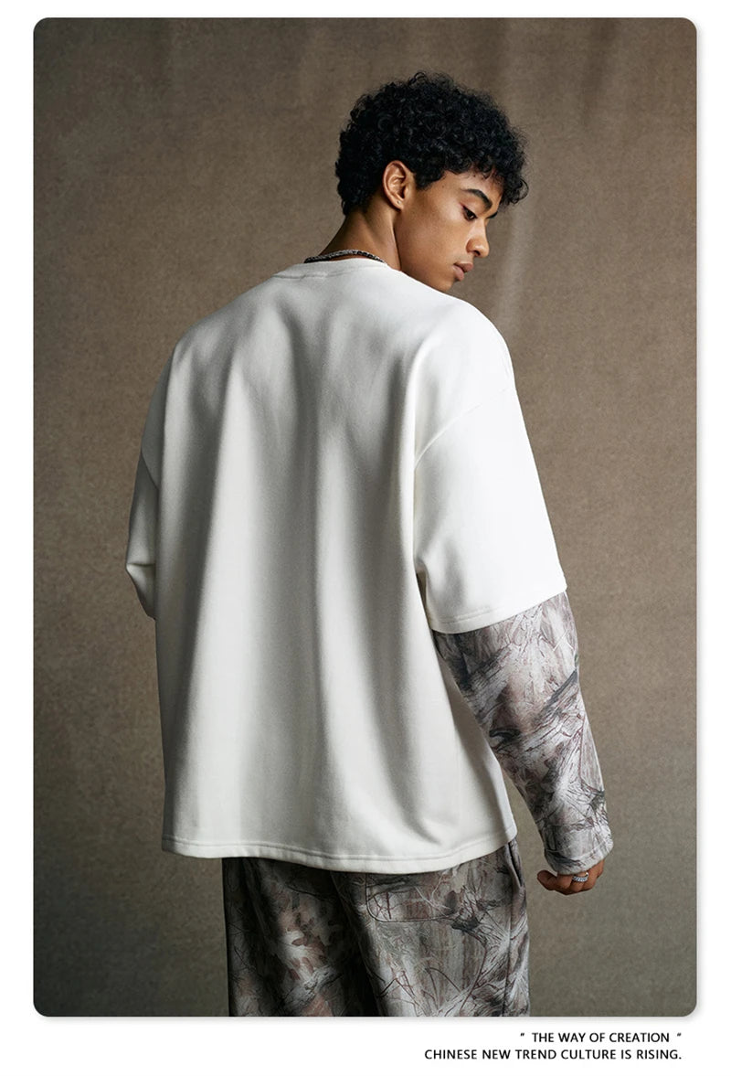 ZODF New Autumn Man Heat Transfer Printing T-Shirt Unisex Oversized 340gsm Fake 2-Piece Long Sleeve T Shirts Brand Tops HY1113