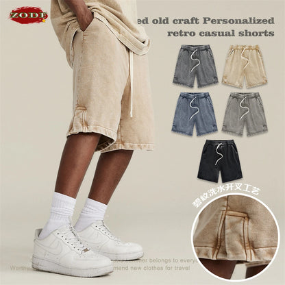 ZODF 2024 Summer Men 350gsm Washed Cotton Shorts Unisex Retro High Street Loose Side Slit Short Pants Streetwears HY0839