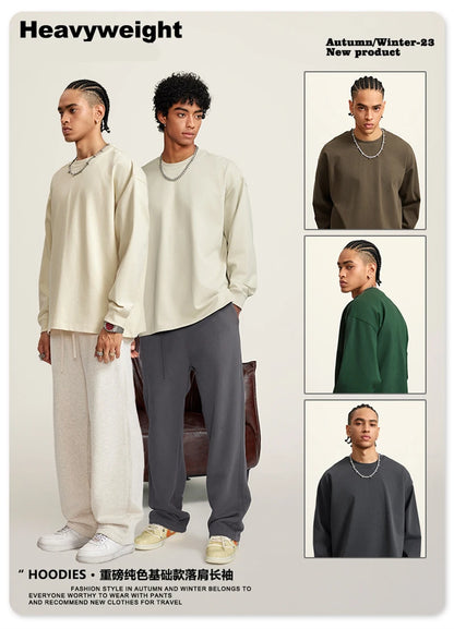 ZODF Autumn Winter 425gsm Long Sleeve T-Shirt American Retro Unisex Loose Heavyweight Basic Cotton T Shirts TEE HY0676