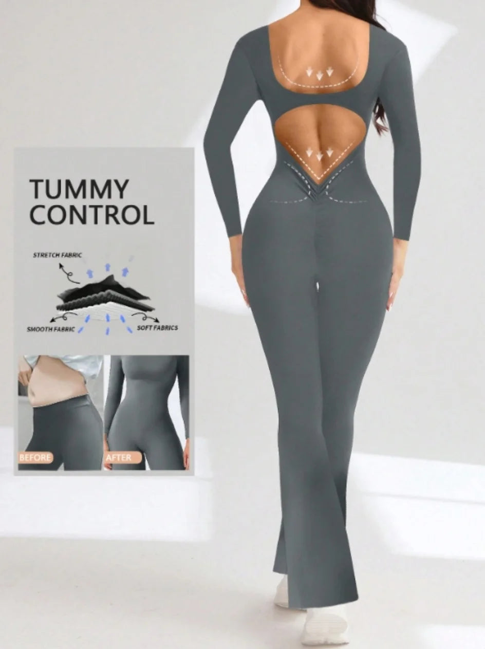 High Quality Solid Color Long Sleeve Compression Jumpsuit with Bell Bottom Pants Women’s Yoga Sportswear Push Up Set