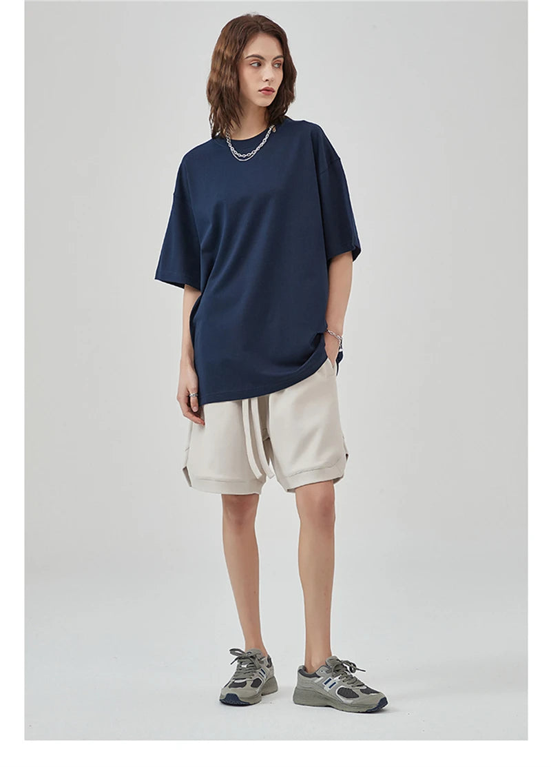 ZODF New Summer Men 275gsm Cotton T Shirts Unisex Women High Street Oversized FG Noshrink Solid T-Shirt Streetwears HY0152