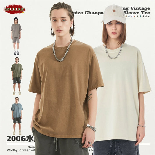 ZODF 2024 Summer Men 200gsm Washed Cotton Solid T Shirts Loose Unisex Male Casual Basic Comfortable T-Shirt Brand Tees HY0254