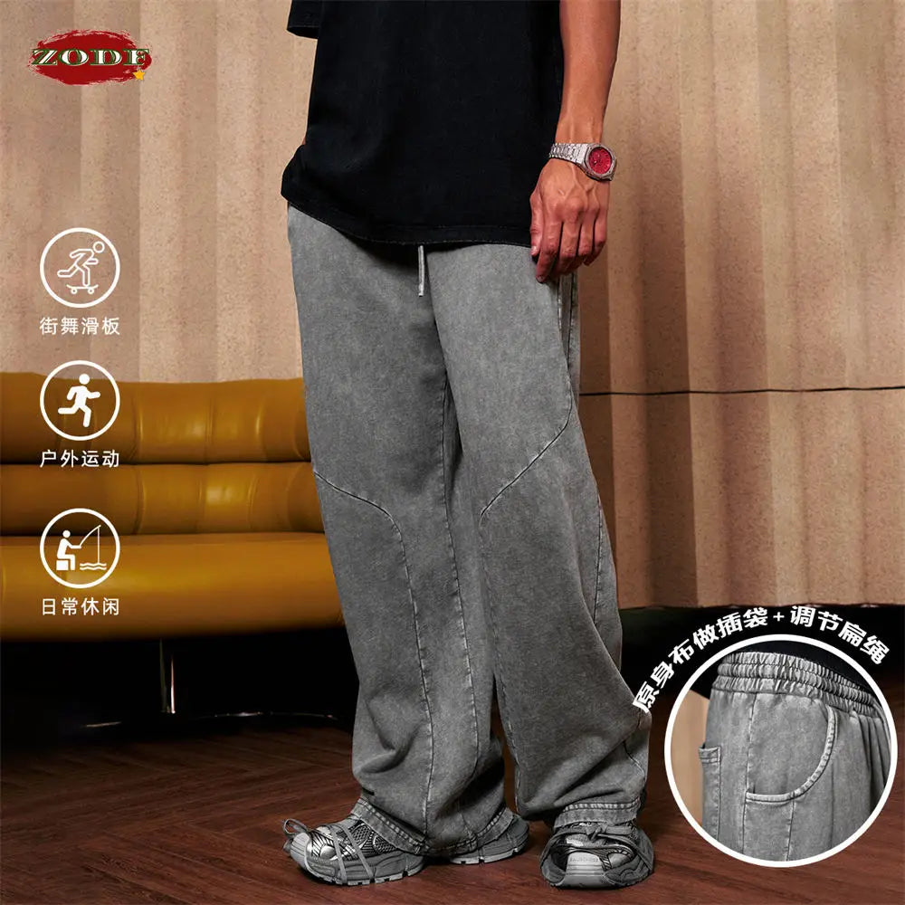 ZODF Retro 2024 Spring Men Washed Cotton Straight Pants Unisex Casual 330gsm Distressed Loose Trousers Brand Clothes HY0830