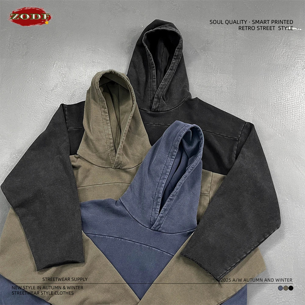 ZODF Fashion Heavy Weight 430gsm Washed Hoodie For Men Unisex Loose Edge Patchwork Distressed Hooded Pullovers Coat HY1098