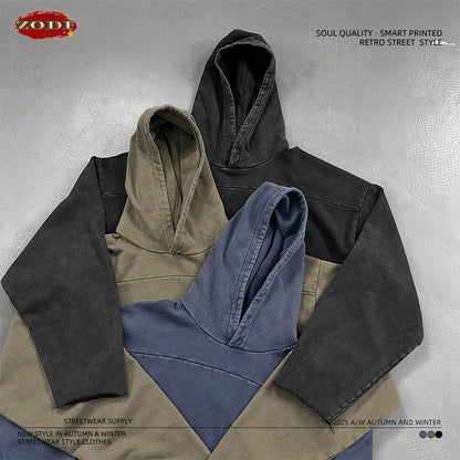 ZODF Fashion Heavy Weight 430gsm Washed Hoodie For Men Unisex Loose Edge Patchwork Distressed Hooded Pullovers Coat HY1098