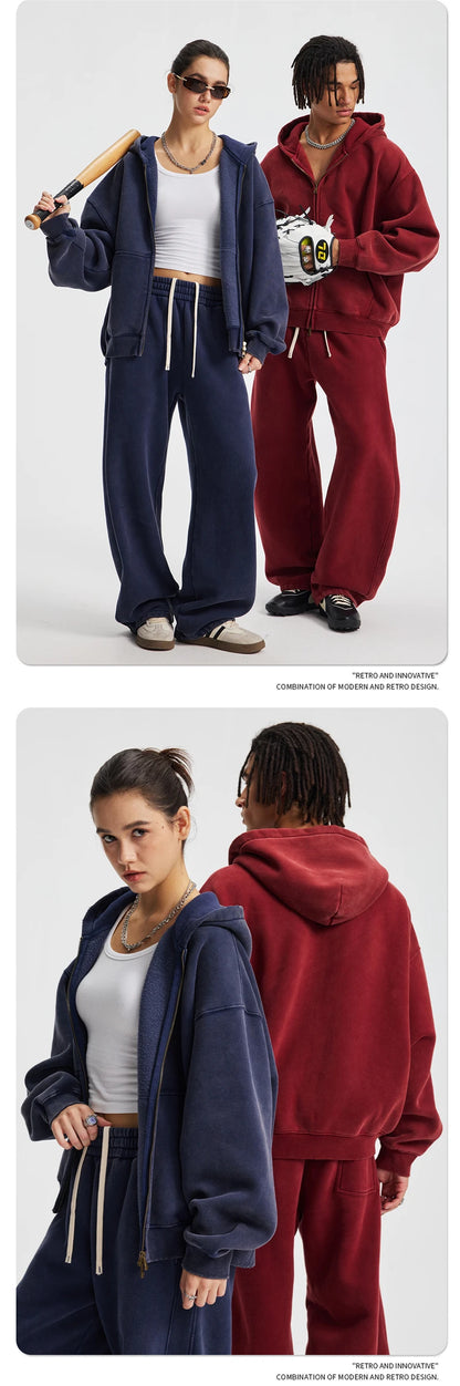 ZODF New 2025 Winter Man's Fleece Zipper Hoodies Unisex Retro 370gsm Loose Boxy Batik Washed Hooded Coats Sweatshirts HY1164