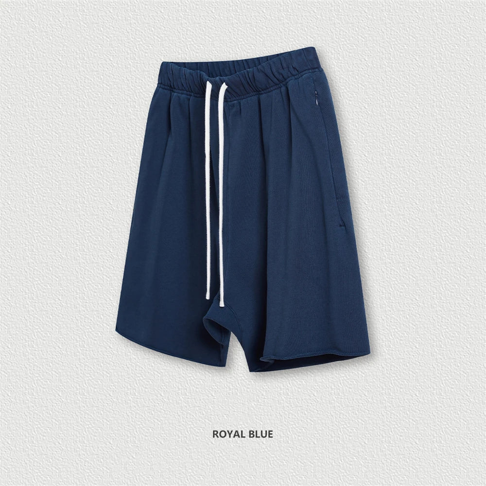 ZODF New Summer Men Retro Washed Shorts Unisex Drawstring Loose Edge 420gsm Solid Knee Length Cotton Pants Streetwears HY0589