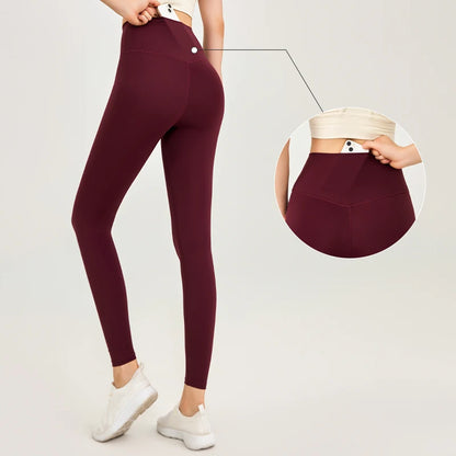 Naked Feel Yoga Leggings with Buttock Lifting and Hidden Waist Pockets – Women’s Gym Fitness Sportswear Tight - Wine