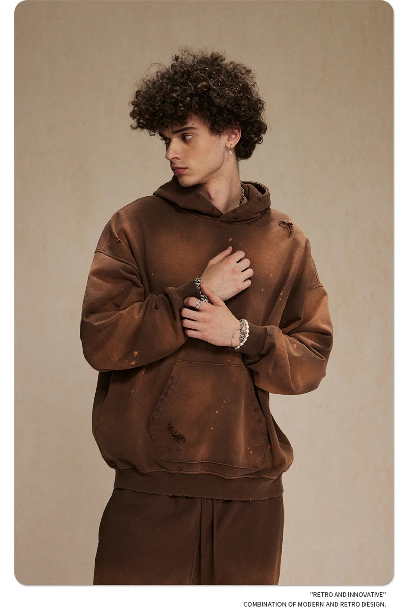 ZODF Autumn Winter Spray Dyeing Ink Splashing Hoodies For Men Unisex 450gsm Washed Oversized Knitted Hooded Pullovers HY0908