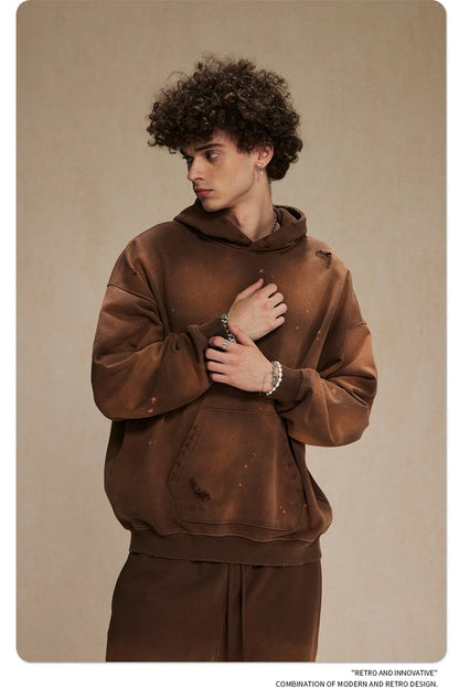 ZODF Autumn Winter Spray Dyeing Ink Splashing Hoodies For Men Unisex 450gsm Washed Oversized Knitted Hooded Pullovers HY0908