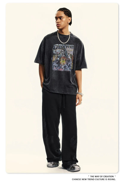 ZODF 2024 Summer 310GSM Cotton T-Shirts For Men Unisex Washed Comfortable High Street Printing T Shirt Tees HY0463