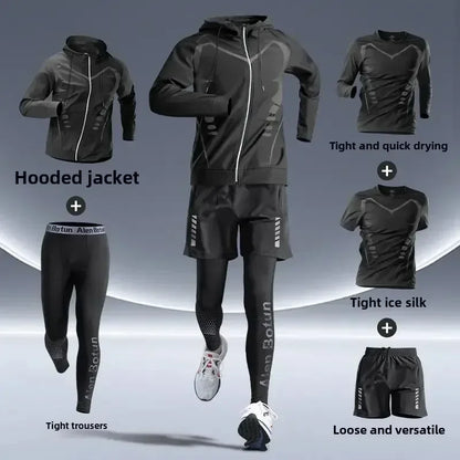Men’s Fitness Running Set Tight-Fit Quick-Dry Sportswear for Autumn Night Runs Training and Cycling Gear - army green