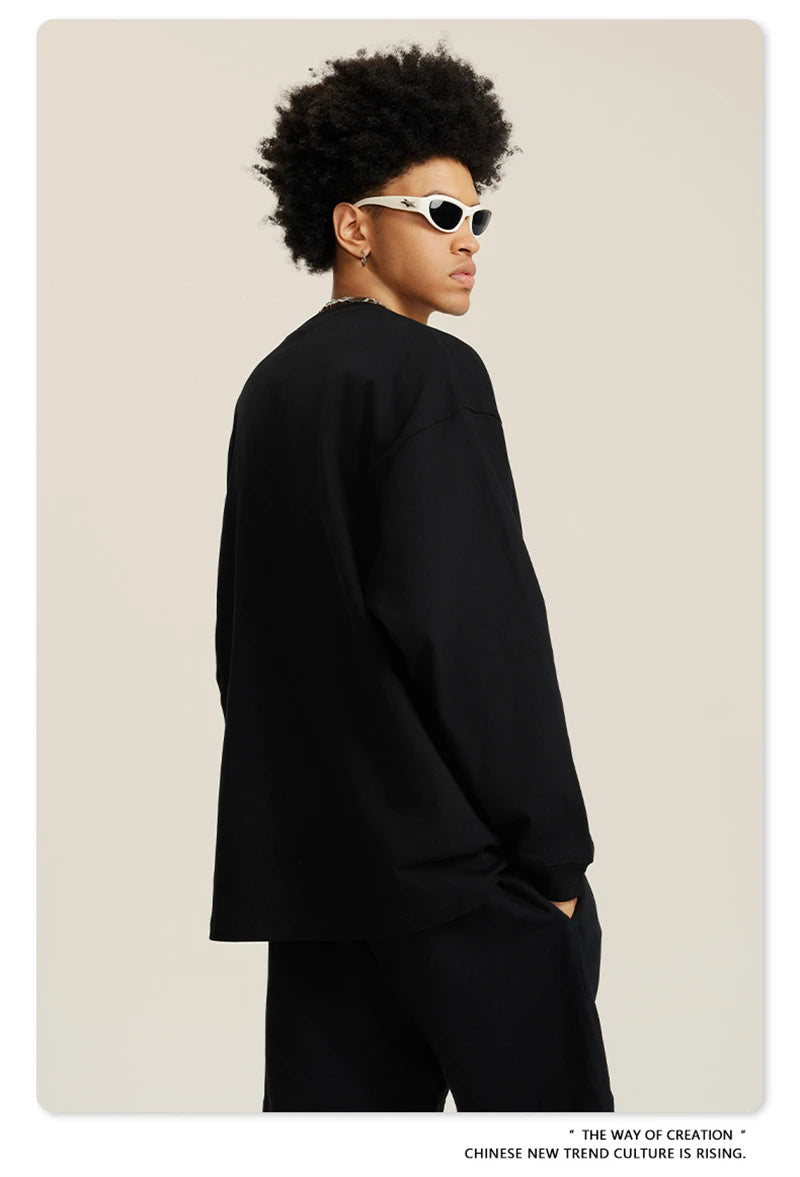 ZODF NEW Autumn Men's Solid Full Sleeve T Shirts Unisex Loose Oversized Casual 305GSM Cotton Basic T-Shirt Brand TEE HY0209