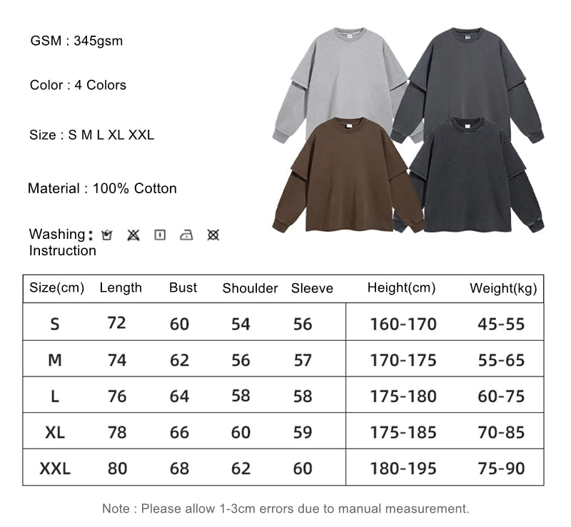 ZODF Retro Autumn Men Washed Cotton T-Shirts Unisex Loose Edge Fake 2-Piece 345gsm Full Sleeve O Neck T Shirt Brand Tops HY0928