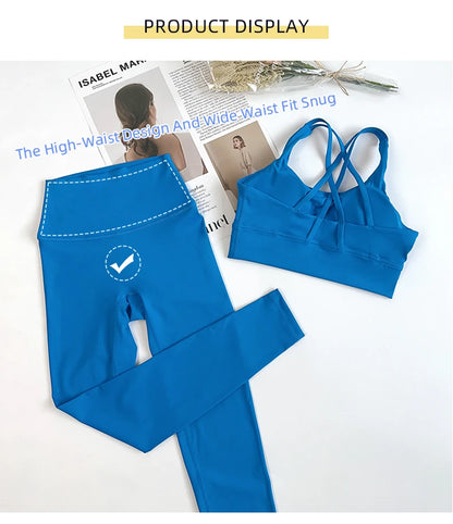 2 Pieces Yoga Set Women Gym Set Workout Clothes Sports Suits High Waist Leggings Cross Straps Fitness Bra Top Running Tracksuit