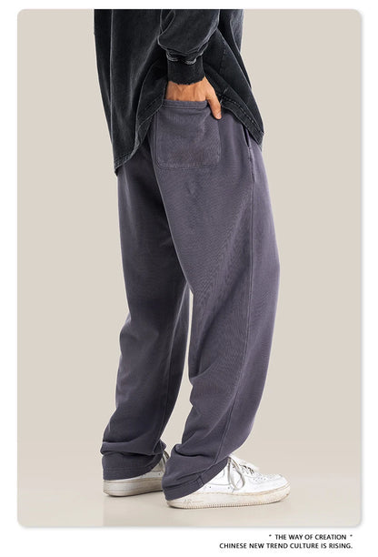 ZODF Retro Men Autumn Washed 380gsm Cotton Unisex High Street Oversized Solid Sport Straight Pants HY0885