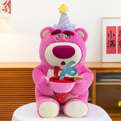 Disney Plush Strawberry Bear Doll with Birthday Hat Cute Stuffed Animal for Kids Birthday Xmas Gift Perfect Toy for Children And