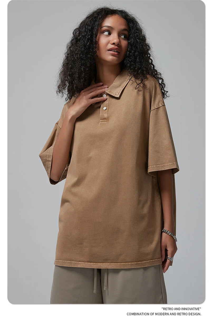 ZODF Summer Men Batik Washed 275gsm Cotton T Shirt Unisex Retro Turn Down Collar Short Sleeve T-shirts Tees HY0533