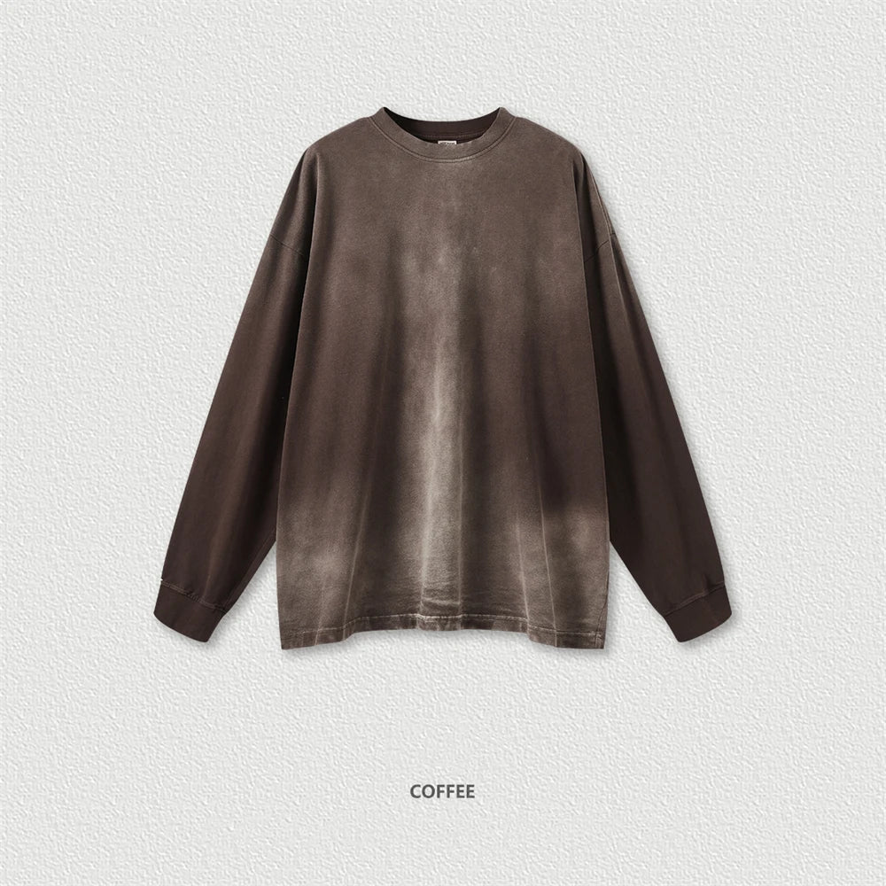 ZODF Retro Monkey Washed 260gsm Cotton T-Shirt For Men Unisex High Street Loose Full Sleeve T Shirt Brand Streetwear HY0406