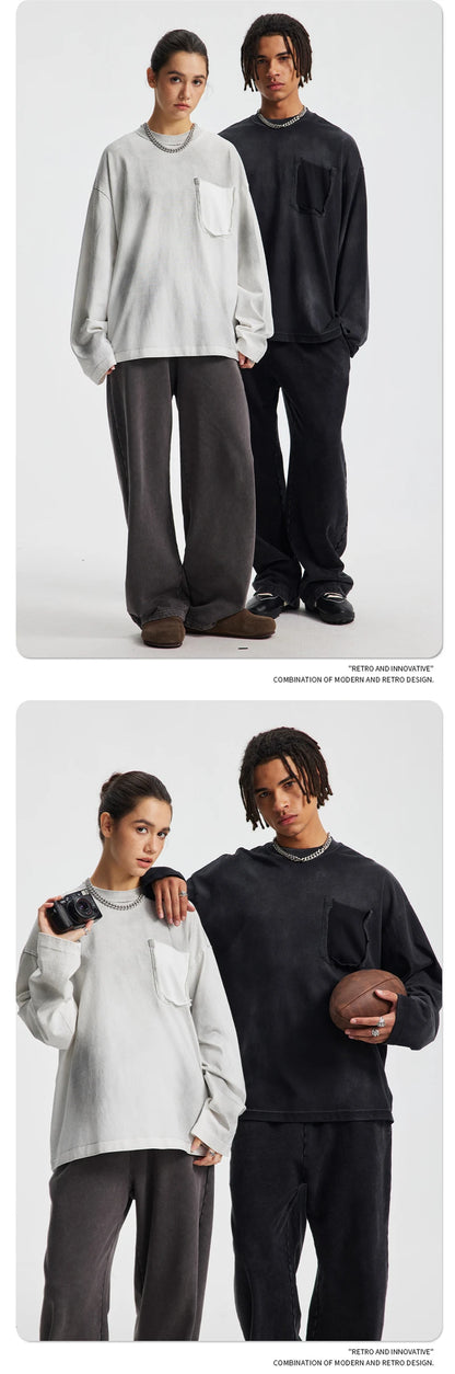 ZODF Retro Man's 325gsm Cotton Full Sleeve T-Shirts Unisex Distressed Wastland Style Monkey Washed T Shirt Tees HY1160