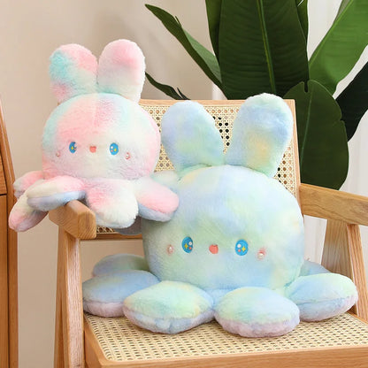 Kawaii Plush Flip Rainbow Cosplay Bunny Octopus Plush Toy Double Side Reversable Rabbit Plushie Peluche Doll  Cuddly Doll