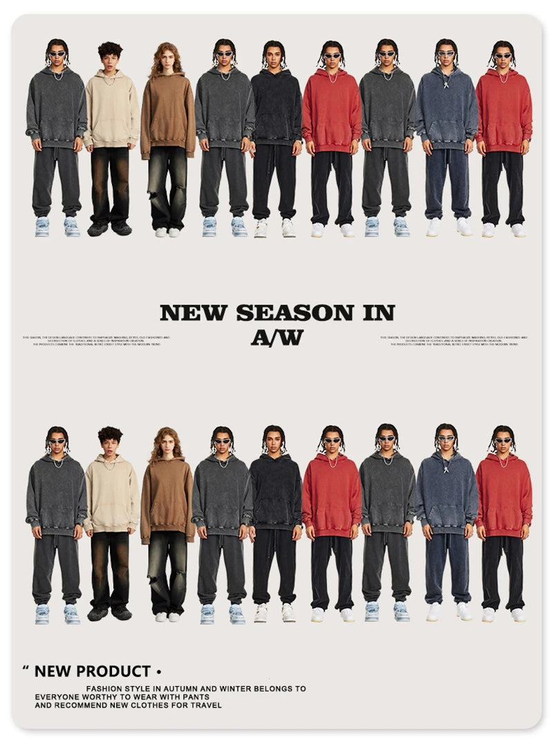 ZODF Retro Men Heavyweight Washed Cotton Hoodies Unisex Loose Thick 420gsm Hooded Sweatshirts Pullovers Coats HY0466