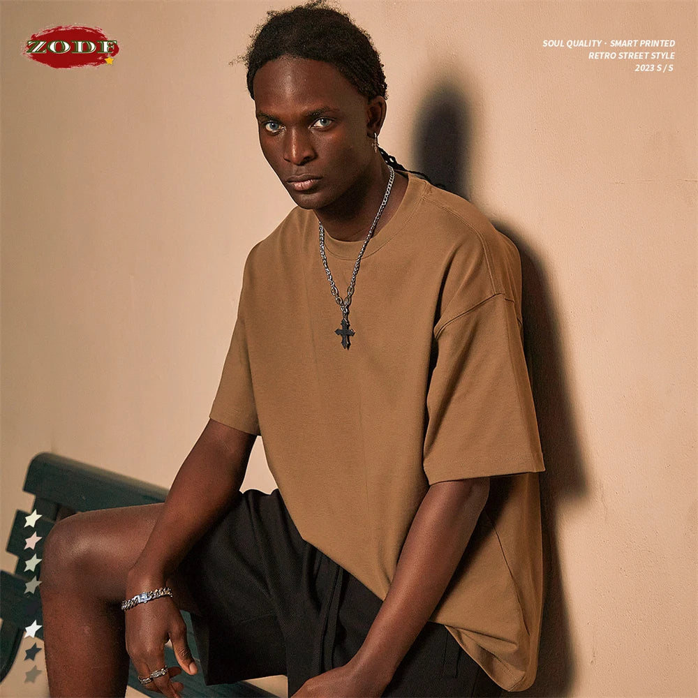 ZODF New Spring Summer Men 305gsm Cotton T Shirts Unisex Heavy Weight Oversized FG Noshrink Basic Solid T-Shirt Tees HY0165