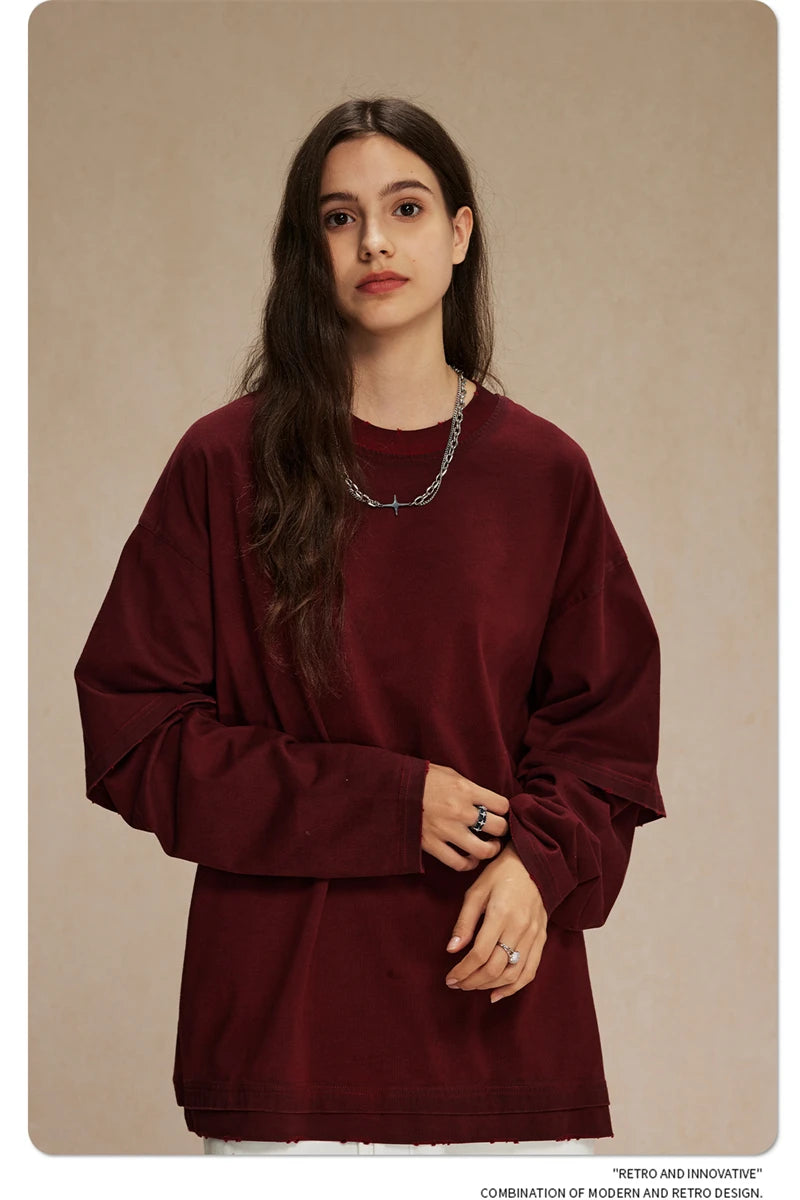 ZODF New 2024 Autumn Fake 2 Pieces T-Shirt For Men Unisex Loose Solid Long Sleeve O-Neck 305gsm Cotton T Shirt Brand Tops HY0944