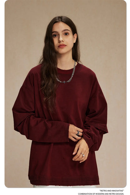 ZODF New 2024 Autumn Fake 2 Pieces T-Shirt For Men Unisex Loose Solid Long Sleeve O-Neck 305gsm Cotton T Shirt Brand Tops HY0944