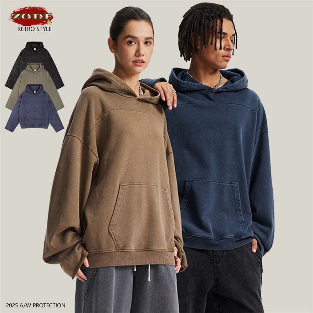 ZODF Fashion Heavy Weight 430gsm Washed Hoodie For Men Unisex Loose Edge Patchwork Distressed Hooded Pullovers Coat HY1098