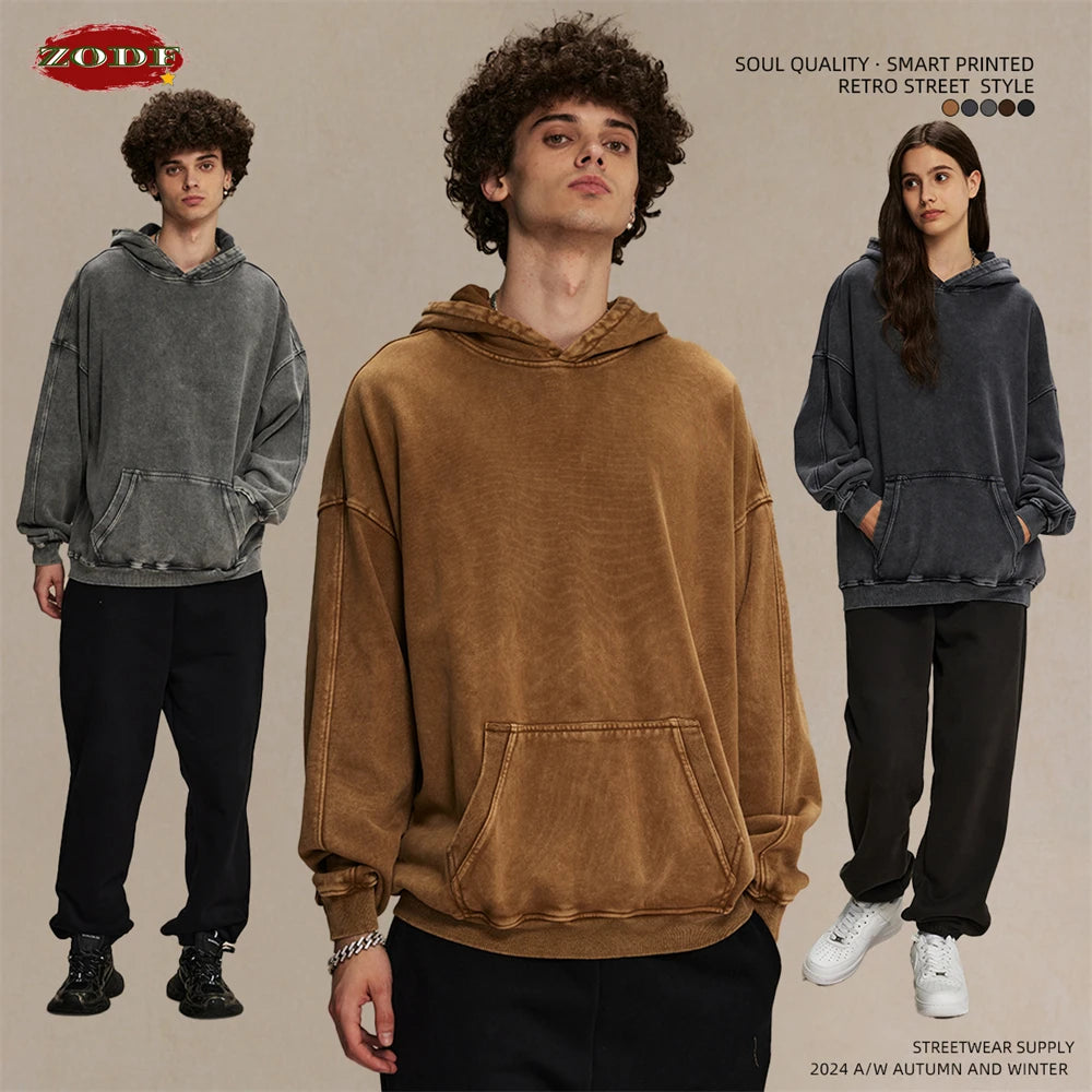 ZODF Vintage Batik Washed 420gsm Cotton Hoodies For Men Unisex Heavyweight Loose Hip Hop Hooded Sweatshirts Pullovers HY0696