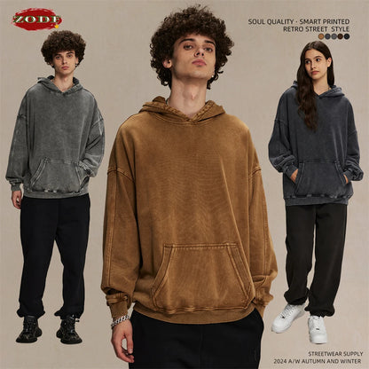 ZODF Vintage Batik Washed 420gsm Cotton Hoodies For Men Unisex Heavyweight Loose Hip Hop Hooded Sweatshirts Pullovers HY0696