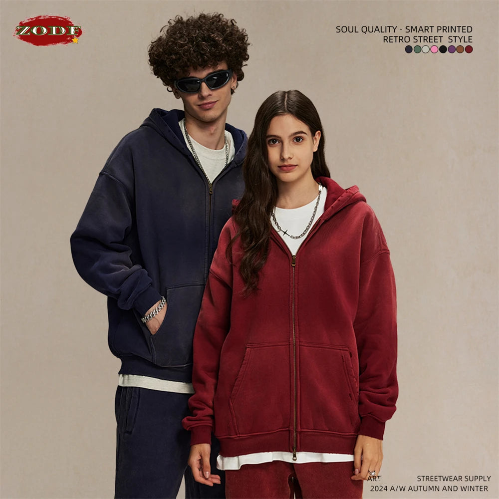 ZODF Retro Winter Men Spray-Dyed Zipper Hoodies Unisex Loose 360gsm Zipper Fleece Hooded Sweatshirt Pullovers Coats HY0719
