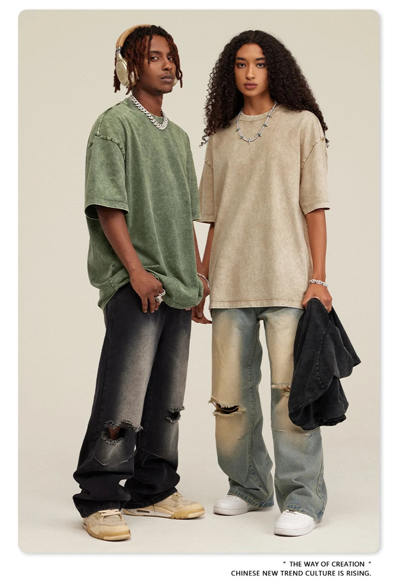 ZODF New Summer Men Washed Batik Cotton T Shirts Unisex American Retro High Street 270gsm Short Sleeve Tees Streetwear HY0489